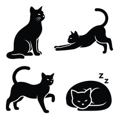 Collection of four black cat silhouettes depicting various poses including sitting stretching walking and sleeping domestic animals silhouette