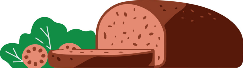 Illustration of a sliced loaf of bread with green foliage nearby