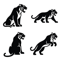 Four fierce tigers silhouette set dynamic poses majestic big cats wild animals primal power nature's apex predators silhouette