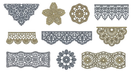 Set of isolated vintage lace doilies and borders.