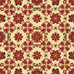 vintage seamless pattern,yellow, red curves,painted create to flower shape,leaves with black background in geometric patterns as sarong,fabric,tile,printed fabric,batik,tablecloth patterns.