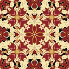 seamless pattern with flowers,yellow, red curves,painted create to flower shape,leaves with black background in geometric patterns as sarong,fabric,tile,printed fabric,batik,tablecloth patterns.