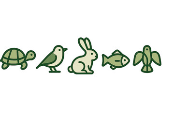 Naklejka premium Minimalist collection of wildlife icons featuring turtle, bird, rabbit, and fish shapes