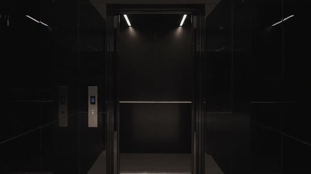 Sleek Modern Elevator Interior - A view inside a modern elevator with black walls and silver accents. The elevator doors are open, providing a glimpse into the interior space.