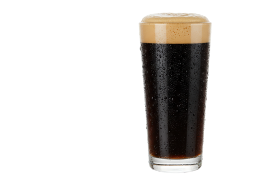Isolated pint glass of dark beer with foamy head ready to serve and enjoy refreshingly