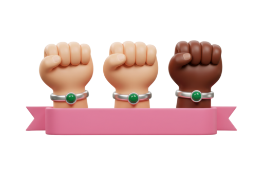 Isolated diverse hands in fist with wristbands supporting breast cancer awareness movement