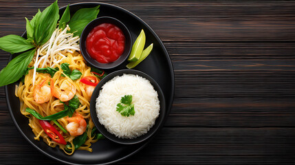 A delicious Thai Pad See Ew with shrimp, rice, bean sprouts, basil, lime, and chili sauce is presented on a black plate with a dark wood background texture.