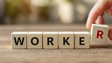 Wooden blocks spelling the word "WORKER" with a hand placing the last block, labor and employment concept.