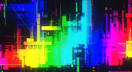 Rainbow Glitch Cityscape Futuristic Abstract Visuals with Vibrant Colors and Dynamic Geometric Shapes