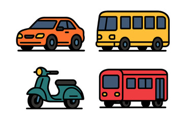 Colorful flat design transportation icons set featuring car bus scooter and train