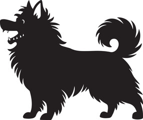 A striking black silhouette of a fluffy long haired dog standing