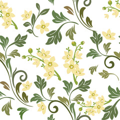 Bouquet of soft yellow flowers with dark and light green leaves vector on white background, seamless decorative pattern for fabric, textile, wallpaper, wrapping.