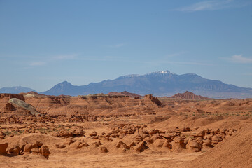 Scenic desert view of Goblin Valley with sandstone goblin formations