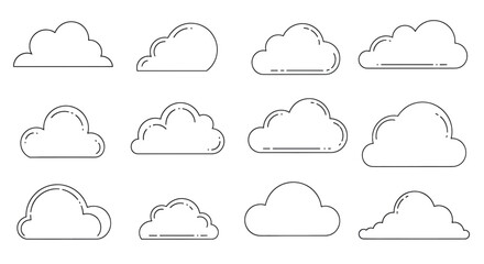 Set of simple linear cloud icons isolated on white background.