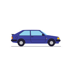A side profile view of a blue vintage hatchback car illustration on a white background.