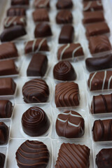 Close-up of inside of a white chocolate box with many assorted chocolate pralines