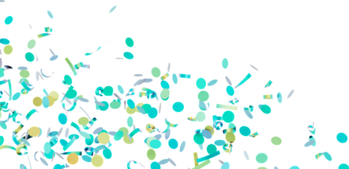 Beautiful image of teal and gold confetti falling on a white background. Perfect for party invitations, celebrations, and festive designs.
