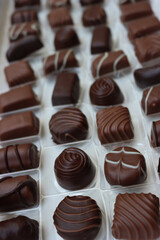 Close-up of inside of a white chocolate box with many assorted chocolate pralines