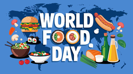 Vector art of world food day celebrated with diverse global cuisine and fresh ingredients displayed against a world map backdrop