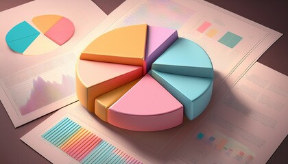 3d pie chart in pastel colors lies on printed sheets with graphs symbol of statistics in economics diversification and distribution