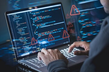 Programmer fixing bugs in code while dealing with error alerts, showing the process of debugging and troubleshooting in software development.
