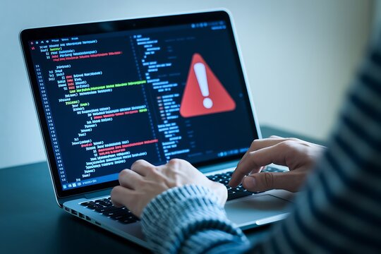 Programmer fixing bugs in code while dealing with error alerts, showing the process of debugging and troubleshooting in software development.