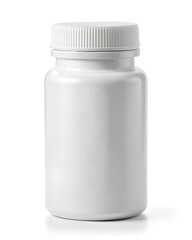 A plain white plastic pill bottle with a ribbed cap stands isolated on a clean white background