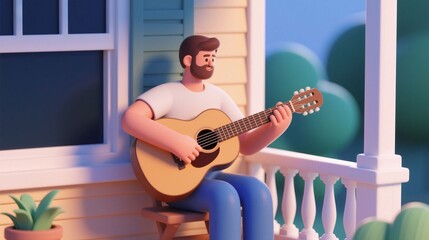 3D illustration of a smiling cartoon man playing acoustic guitar on a cozy home porch in warm sunset light. Concept of slow living, hobby, outdoor leisure and relaxation.