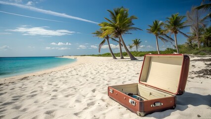 Suitcase adventure travel holiday or vacation and empty space for design