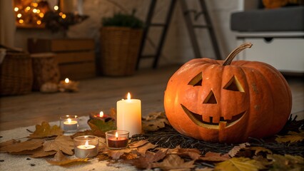 Autumn Halloween Atmosphere Featuring Orange Pumpkin and Tealight Candles