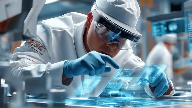 Augmented Reality in the Lab: A focused scientist, immersed in a cutting-edge laboratory, interacts with a holographic display, representing the forefront of innovation and technological advancement.