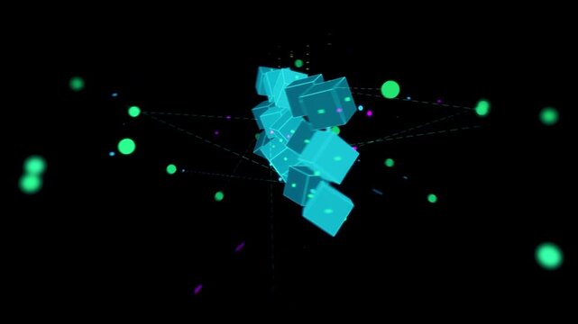 Blockchain data blocks animation with connected network nodes and distributed ledger structure. Cryptocurrency technology showing decentralized database architecture and crypto transaction flow.
