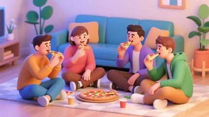 Claymation-style 3D illustration of young friends having a pizza party in a cozy living room. Concept of youth community, weekend gathering and friendship.