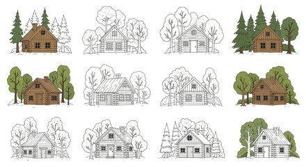 Obraz premium Set of HandDrawn Log Cabins in Forest Landscapes.