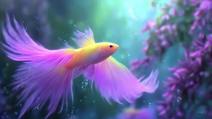 Vibrant yellow and purple fish swimming through aquatic environment - Powered by Adobe