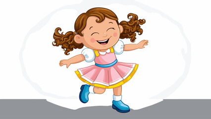 Joyful cartoon girl with pigtails skipping happily, cute child character full of energy and happiness, playful illustration for kids.