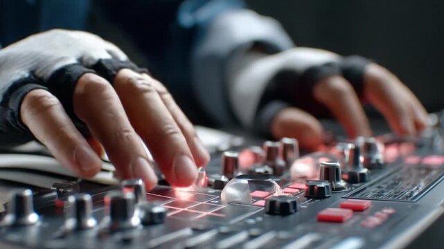 Audio Mixer Mastery: Hands meticulously manipulate a high-tech audio mixer, expertly adjusting controls and faders to shape sound and music with precision and flair. 