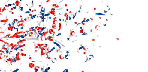 Festive confetti background with red, white, and blue ribbons and dots. Perfect for celebrations and holidays.