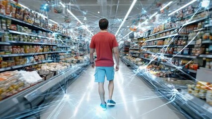 Digital Retail Journey: A man navigates a vibrant, modern supermarket, pathways of data and connections overlaying the scene, visualizing the smart, evolving world of shopping. - Powered by Adobe
