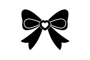 Elegant black bow with heart center on transparent background silhouette