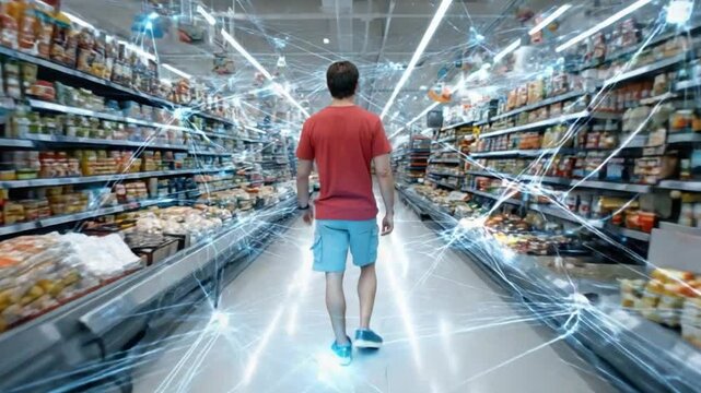 Digital Retail Journey: A man navigates a vibrant, modern supermarket, pathways of data and connections overlaying the scene, visualizing the smart, evolving world of shopping.