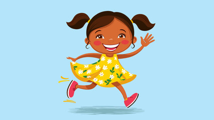 Joyful cartoon girl with pigtails running and waving in a yellow floral dress, cheerful child illustration