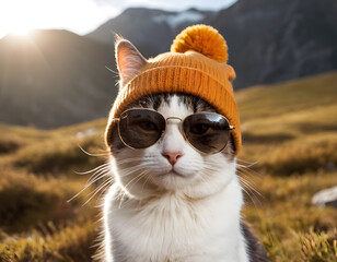 Cat wearing a beanie and sunglasses in the mountains. cat in snow