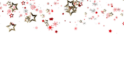 Red and gold stars, snowflakes falling on white. Perfect for holidays, celebrations, winter.