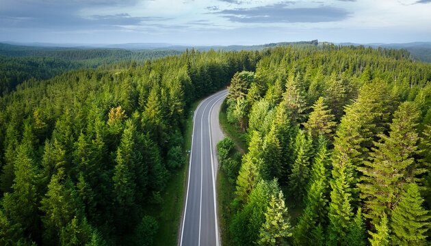 driving road through forest ariel view