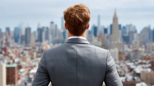 Visionary Outlook: A distinguished man stands poised, his gaze fixed upon a sprawling metropolis, symbolizing ambition and foresight. Capturing determination and urban aspiration.