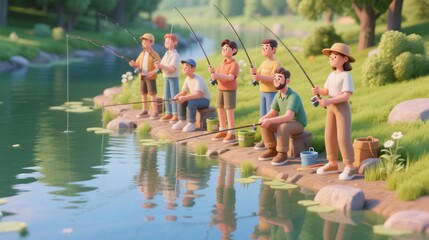Playful 3D cartoon illustration of a diverse family and friends enjoying a fishing trip by the lake. Concept of a summer hobby, outdoor recreation, and happy togetherness.