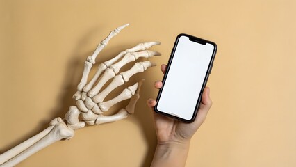 Skeleton hand holding smartphone with white blank screen. beige background