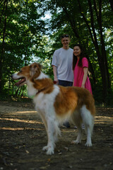 Dog in the forest with a smiling couple standing behind. Happy outdoor lifestyle with pets and love in nature.