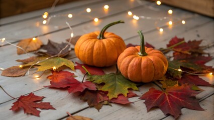 Two small pumpkins with fall leaves and string lights on a wooden surface.